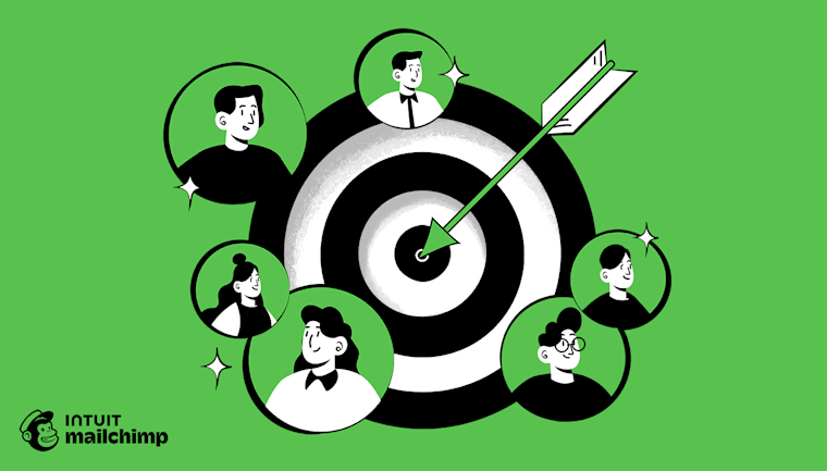 Cartoon illustration showing smiling faces in circular bubbles arranged in a spiral pattern on bright green background with Intuit Mailchimp logos