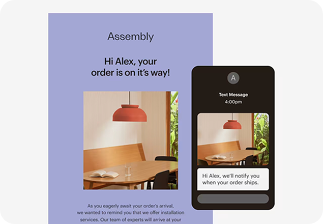 Mobile app interface showing order confirmation with a dining room photo featuring wooden table and coral pendant lamp