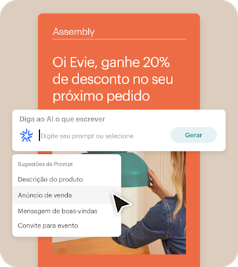 Interface de usuário simplificada do Mailchimp demonstrando a criação de conteúdo por IA. A empresa pode disponibilizar um prompt personalizado ou escolher entre uma série de sugestões para gerar um título como "Olá, Evie, ganhe 20% de desconto no seu próximo pedido!" Entre as opções: descrição do produto, anúncio de vendas, mensagem de boas-vindas e convite para eventos. 