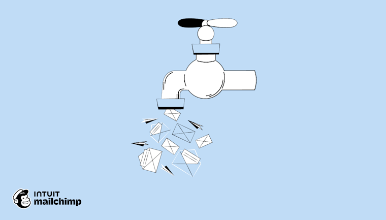 Simple line drawing of a figure dropping envelopes that scatter in the air, with the Mailchimp logo below on a light blue background