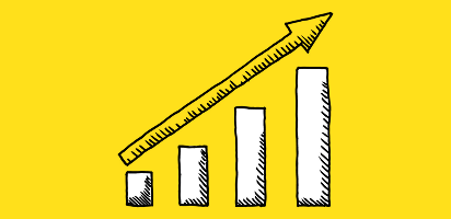Bar graph with rising columns and ruler arrows pointing upward against bright yellow background, suggesting growth or progress