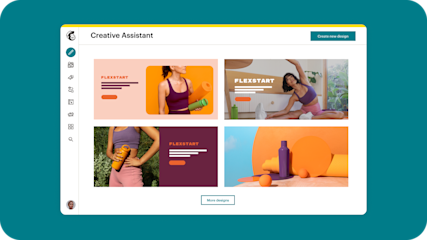 Mailchimp interface showing Creative Assistant and four header design style previews.