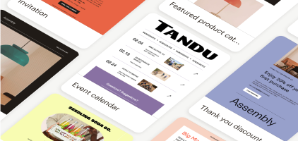 Collection of website interface mockups showing various pages with colorful headers in coral, purple, and yellow tones