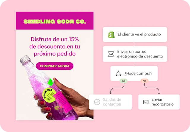 Correo electrónico automatizado de Seedling Soda Co. con oferta de descuento y proceso de trabajo que muestra vistas de productos de Shopify, compras y correo electrónico de recordatorio de Mailchimp.