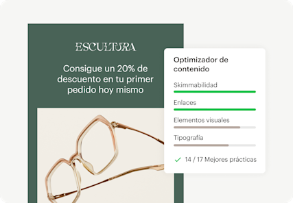 Imagen que muestra una interfaz de correo electrónico de descuento abstracta de la marca ficticia Escultura, junto con una interfaz de usuario abstracta flotante del Optimizador de Contenido de Mailchimp. El gráfico muestra cómo los usuarios pueden incrementar la interacción con recomendaciones basadas en datos.