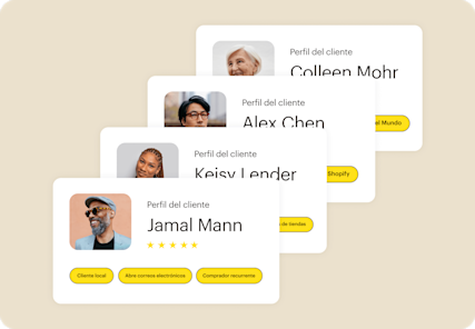 Imagen que muestra una interfaz de usuario abstracta flotante de varios perfiles de clientes, demostrando cómo los usuarios pueden identificar patrones entre contactos valiosos.