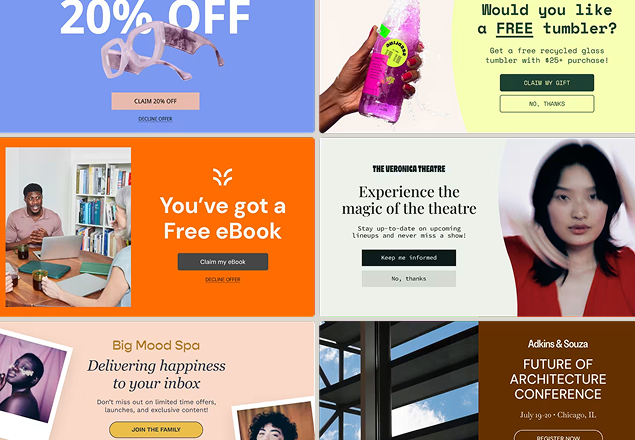 Collage of promotional website popups and banners featuring various offers like discounts, free ebooks, and newsletter signups in different colors and styles