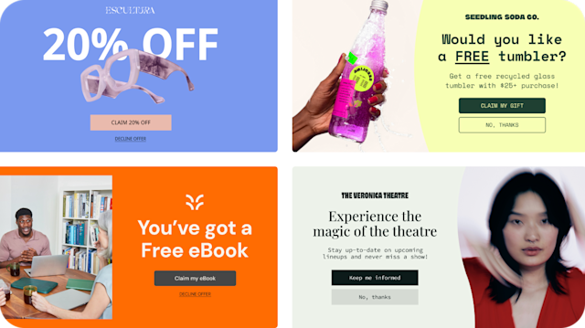 Four imagined examples of popup forms, depicting multiple templates, photography, and color templates for four fictitious brands. The popup forms offer discounts of 10% to 20% off in exchange for email signups.
