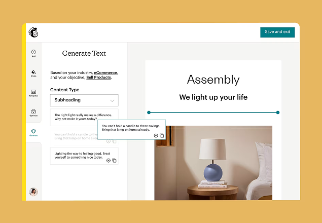 Screenshot of Assembly's content generation interface showing text editing tools and a lamp product image with "We light up your life" tagline