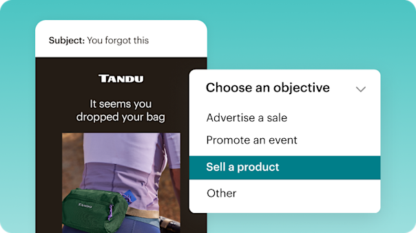 An example of AI-generated content creation. Here, a business can select any marketing objective they have — like advertise a sale, promote an event, sell a product, and others — and have Mailchimp’s AI suggest a complete email to accomplish that goal. 