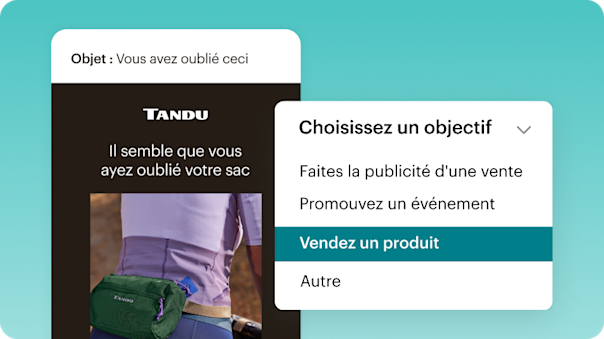 Un exemple de création de contenu généré par l’IA. Ici, une entreprise peut sélectionner n’importe quel objectif marketing (par exemple, annoncer une promotion, promouvoir un événement, vendre un produit, etc.) et demander à l’IA de Mailchimp de lui suggérer un e-mail complet pour atteindre ce but. 