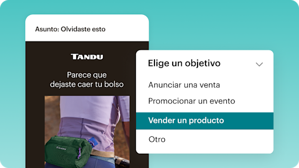 Un ejemplo de creación de contenido generado por IA. Aquí, una empresa puede seleccionar cualquier objetivo de marketing que tenga, como anunciar una venta, promocionar un evento, vender un producto y otros, y hacer que la IA de Mailchimp sugiera un correo electrónico completo para lograr ese objetivo. 