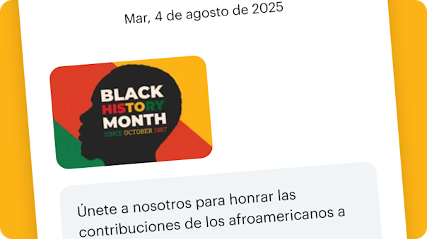 Un ejemplo de un mensaje SMS de Mailchimp de temporada que destaca promociones relacionadas con el Mes de la Historia Afroamericana.