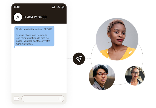 Interface mobile affichant le code de réinitialisation du mot de passe FEC627 avec des photos de profil reliées par des lignes pointillées formant un motif circulaire.