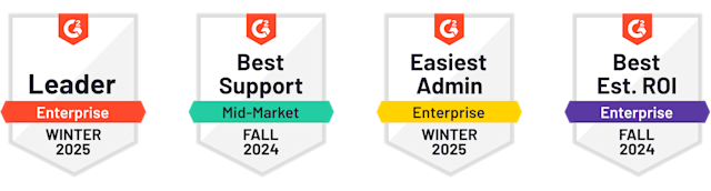 Four badges. The first one reads "Buyer's Choice, Trust Radius, 2025". The second one reads "Top Rated, Trust Radius, 2024". The third one reads "Fastest Implementation, Enterprise, Summer 2024". The fourth reads "Best Est. ROI, Enterprise, Fall 2024".